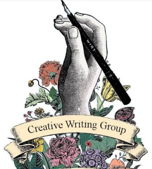 Emblem of the Creative Writing Circle: an engraved hand holding a pen above a banner and a wreath of flowers.